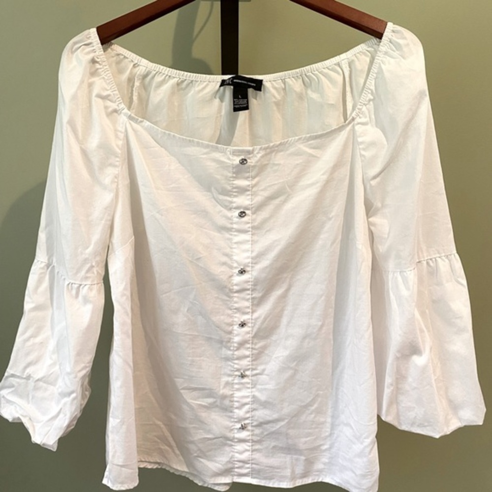 Pretty I.N.C. White Cotton & Crystal Button Top